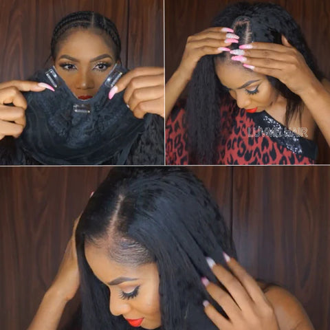 The image shows how to wear a u part wig