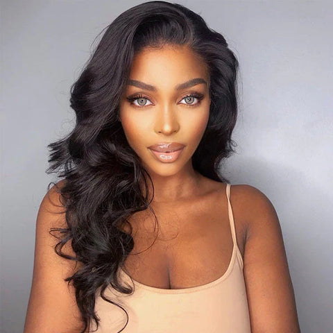 The image of Natural Black Body Wave 13x4 Frontal HD Lace Long Wig 100% Human Hair