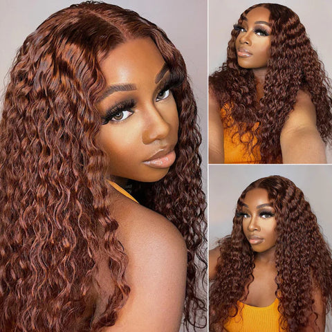 The image of Casual Reddish Brown Curly 5x5 Closure Lace Glueless Mid Part Long Wig