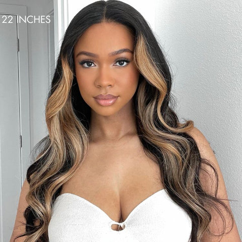 The image of Blonde Highlight Big Loose Wave 5x5 Closure HD Lace Glueless Mid Part Wig