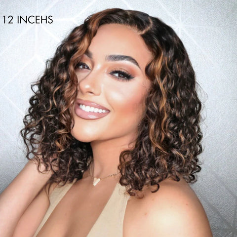 The image of Blonde Highlights Curly Minimalist HD Lace Glueless C Part Short Wig