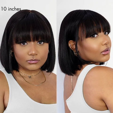 The image of Put On And Go Realistic Glueless Black Yaki Straight Bob With Bangs Minimalist Undetectable HD Lace Wig 100% Human Hair