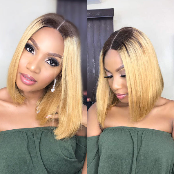 Color 4 27 Blonde Bob Wig Silky Blunt Cut Closure Wig