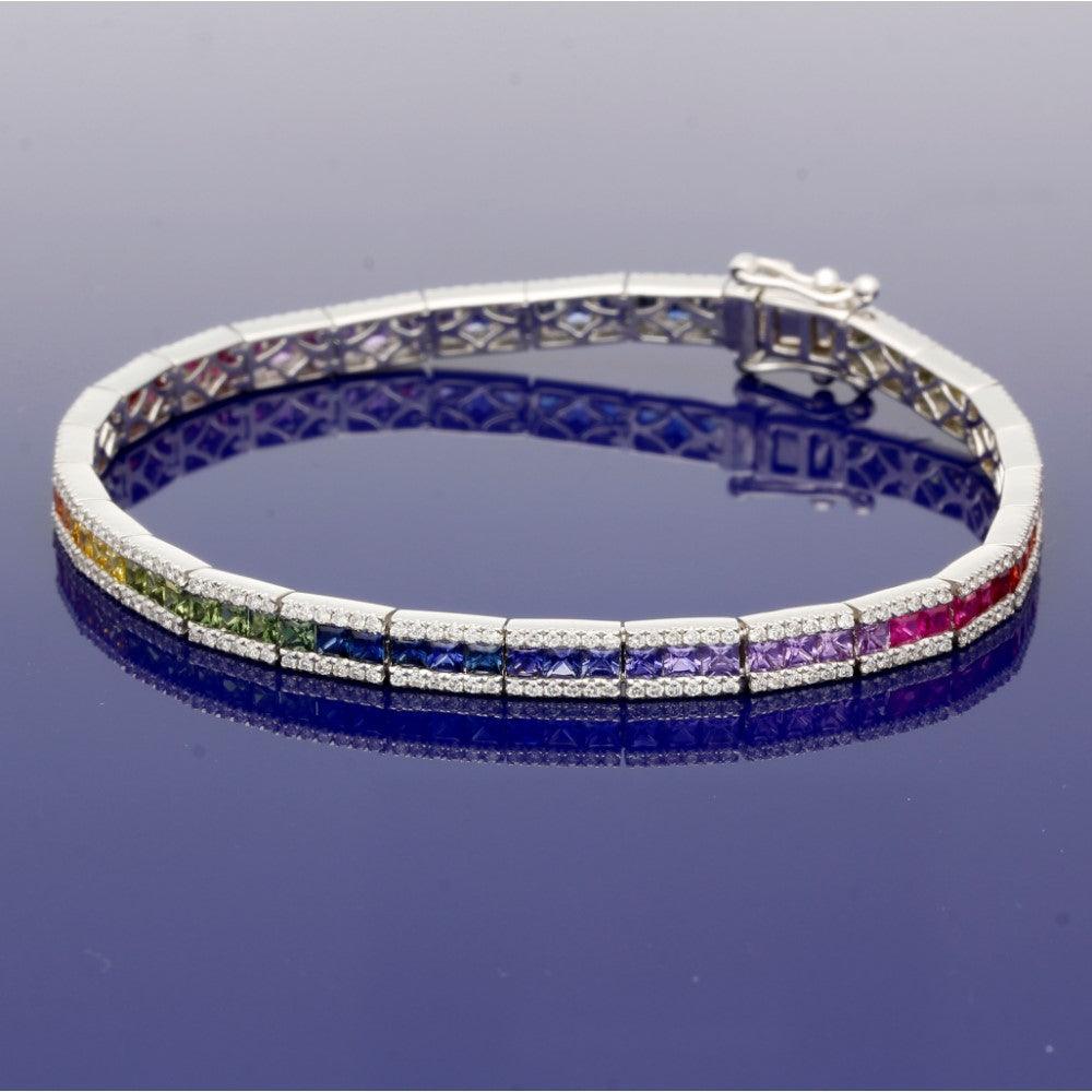 18ct White Gold Rainbow Sapphire and Diamond Tennis Line Bracelet ...