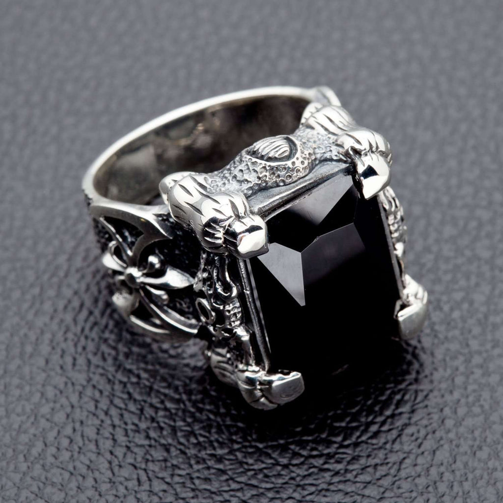 Black Onyx Sterling Silver Claw Mens Ring