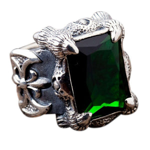 Emerald Silver Claw Mens Gothic Ring