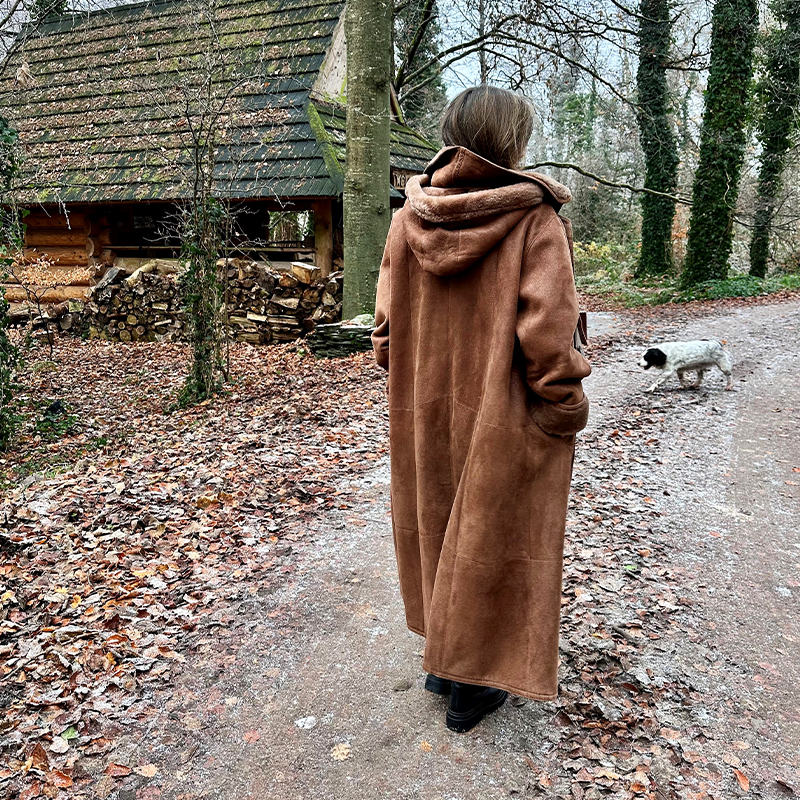 light brown shearling coat with hood