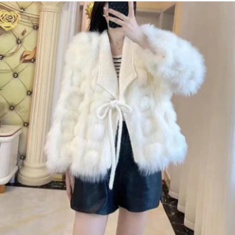 premium high fashion white faux fox fur coat
