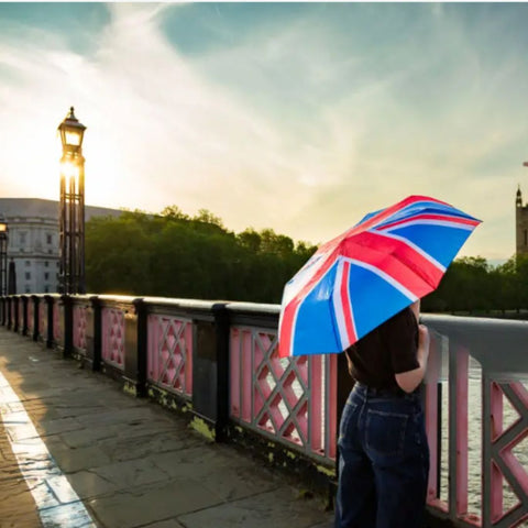 women holding umbrella with England flag under sunny and wet UK weather