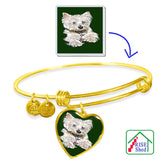 Preserve your pet photos forever with memorial photo charms like this 18k yellow gold bangle with heart charm