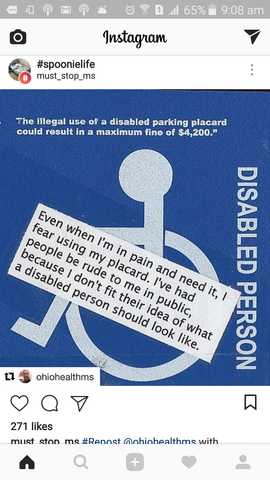 An instagram post written over a disabled partking permit about the difficulty of not looking disabled enough to onlookers