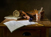 view on top of antique wooden writing desk with pen lying on pages