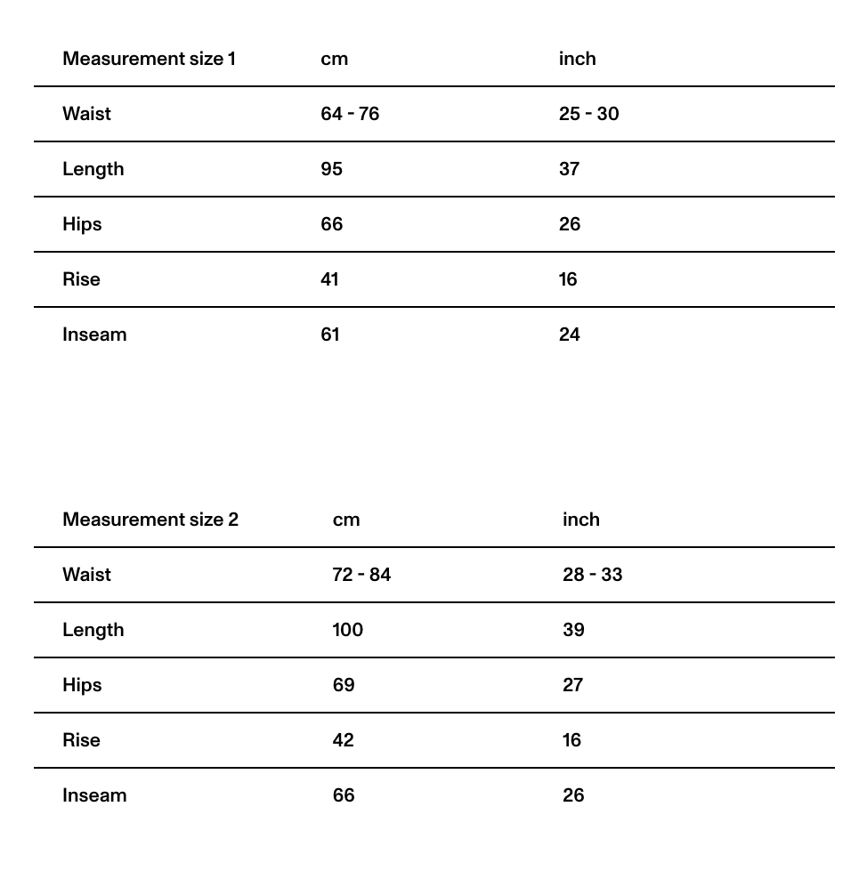 Cordera clothing brand Size Chart