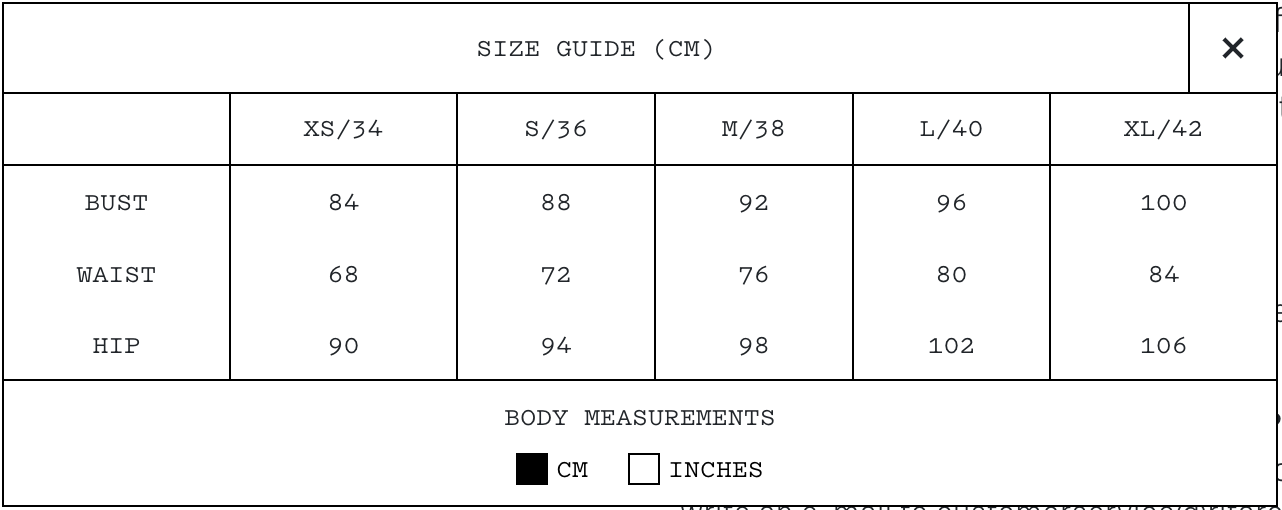Cordera clothing brand Size Chart