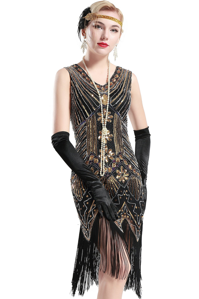 gold and black flapper dress