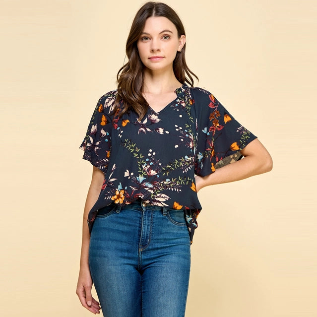 Teal Floral V-Neck Top