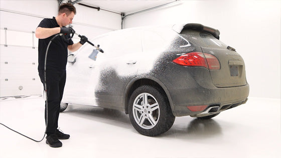 Foam cannon (also known as foam lance) sprays shampoo foam onto the car