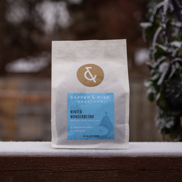 Coffee bag on fence with snow