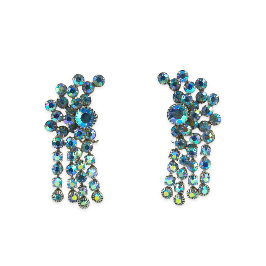 Blue Aurora Borealis Rhinestone Dangle Clip Earrings