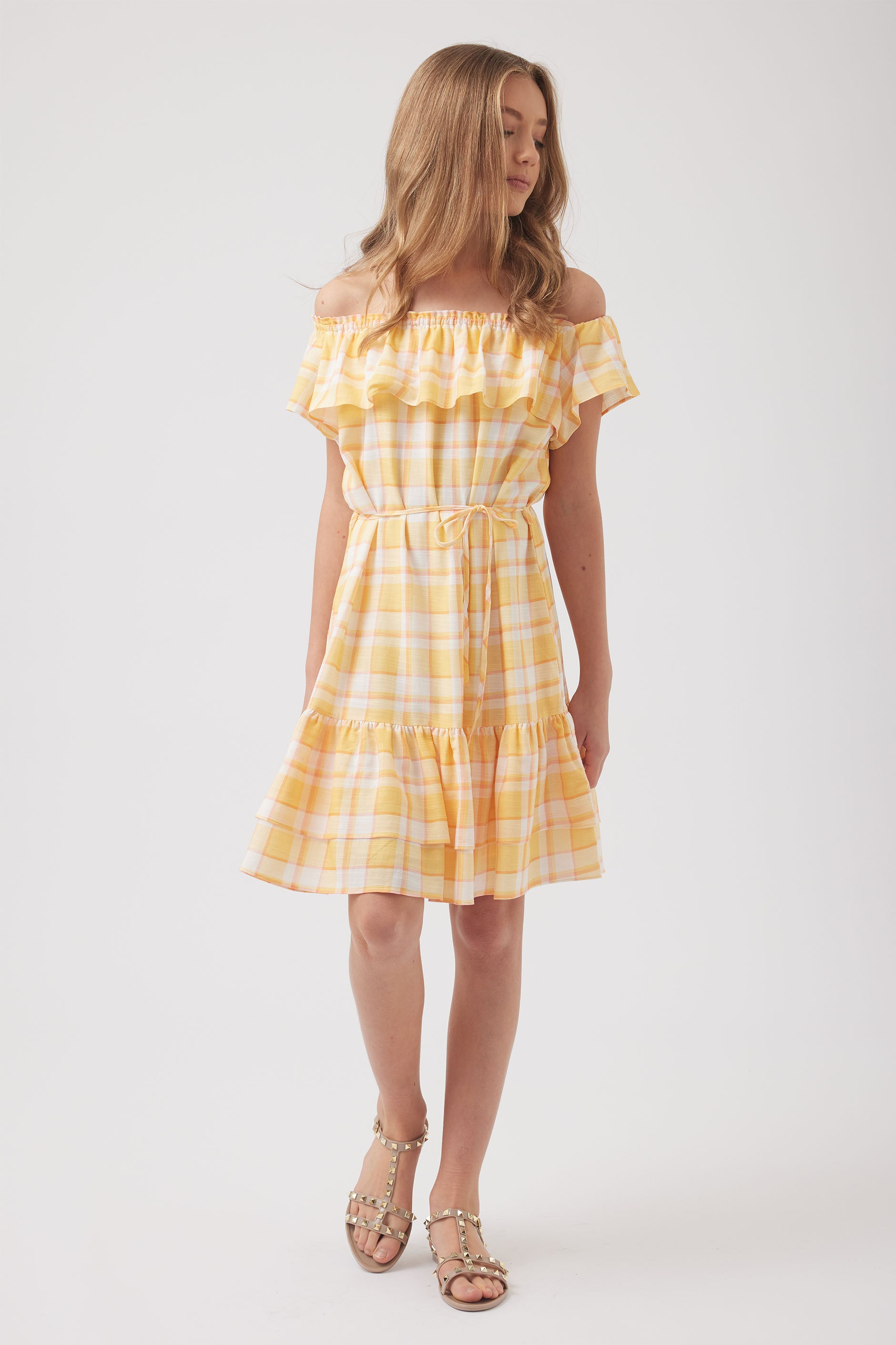 Girls Mimi Off Shoulder Dress - Yellow Check | DECJUBA