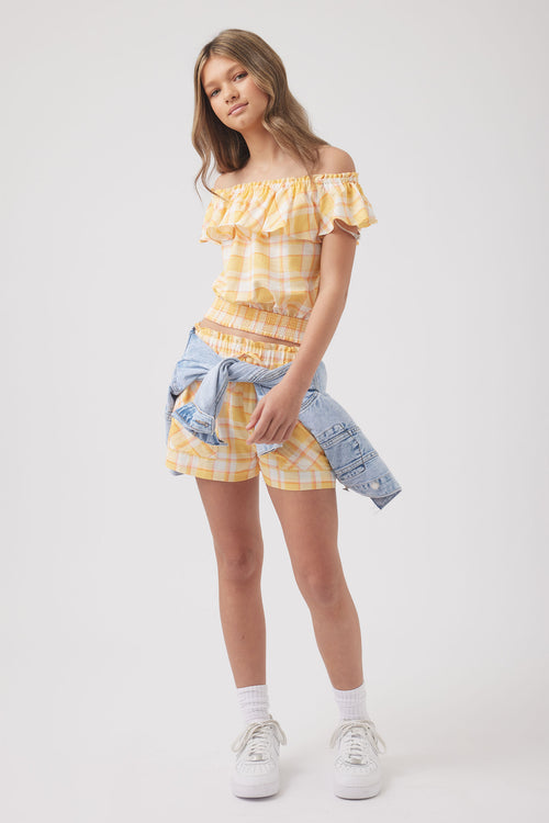 Girls Mimi Off Shoulder Dress - Yellow Check | DECJUBA