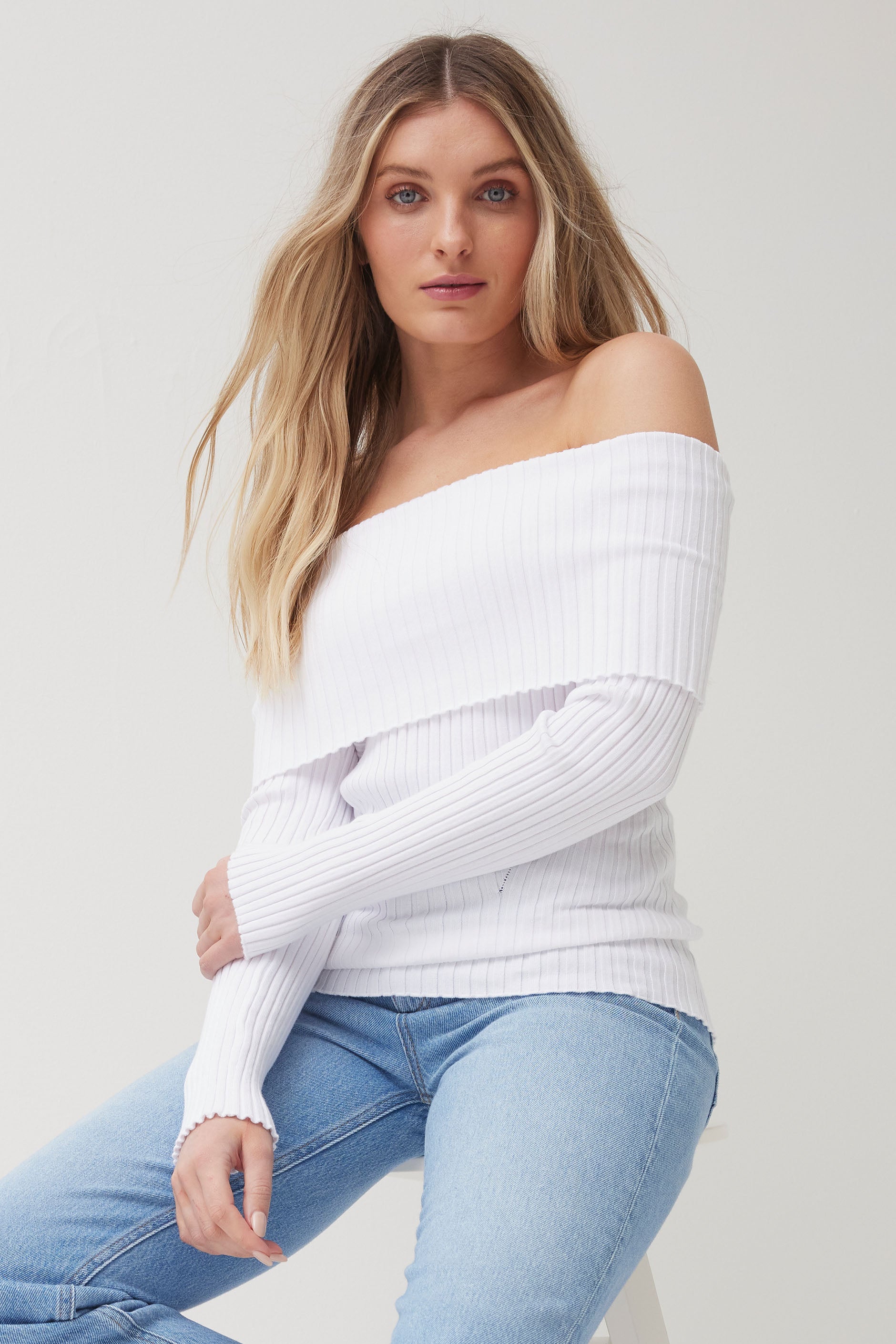 off the shoulder white sweater top