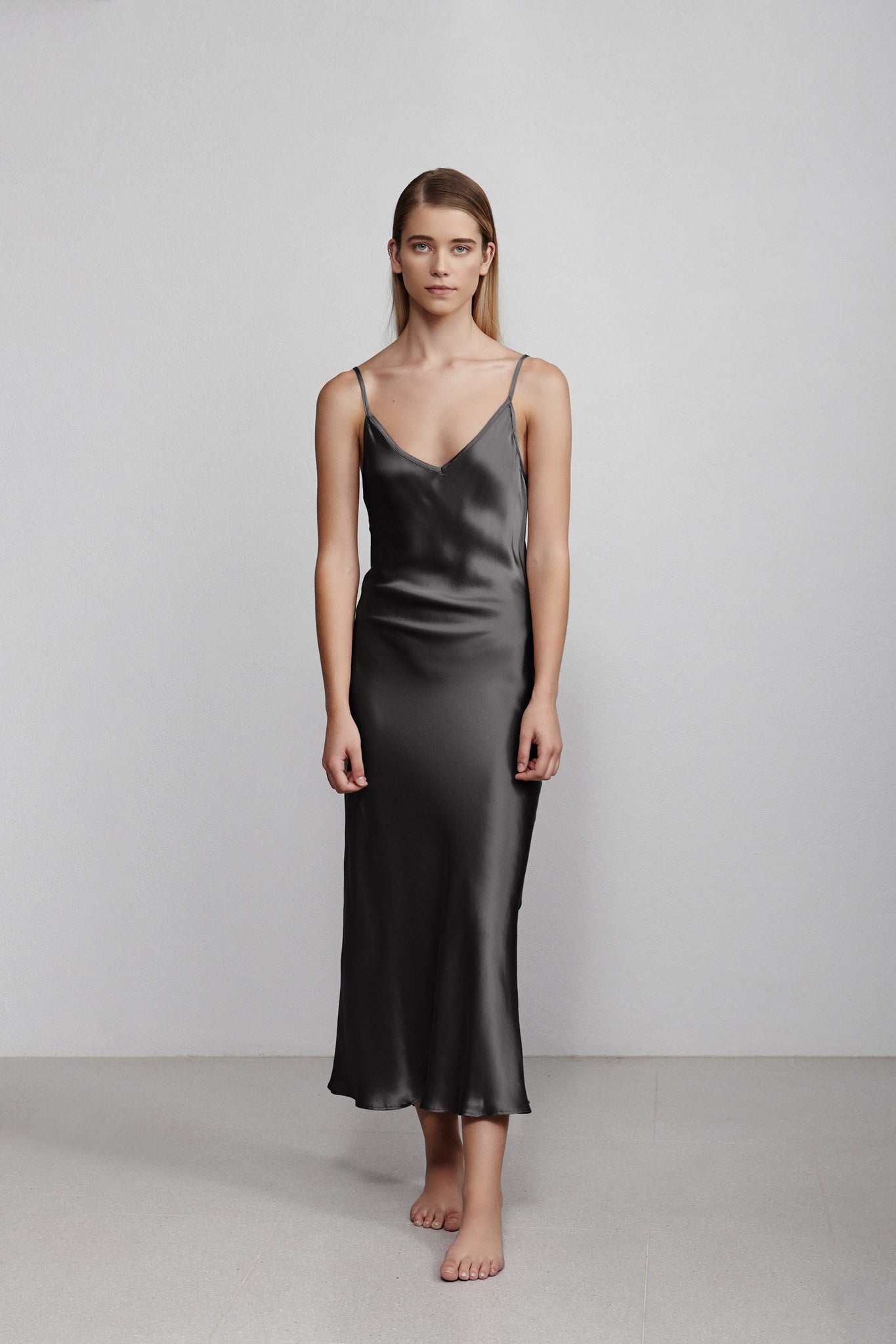 Long V Neck Silk Slip Dress Hammered Black Oosel 