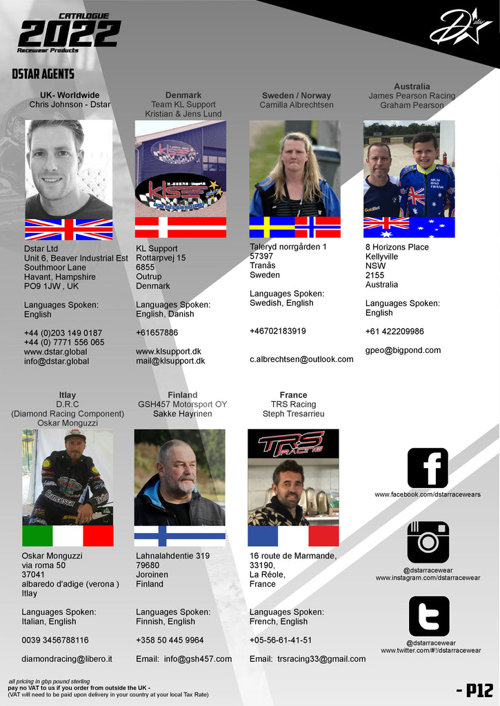Dstar Ltd -  Speedway Racewear Agents - England - France - Sweden - Finland - Italy - Poland - Australia - Denmark - Germany - New Zealand - Argentina - Slovakia - Croatia - Austria - 