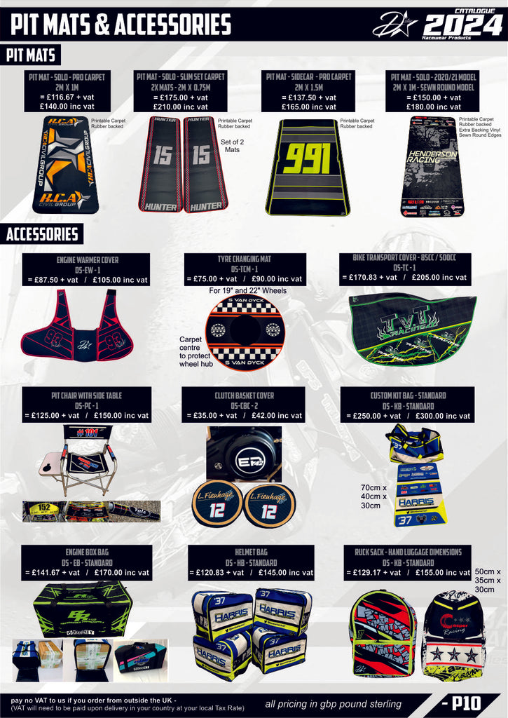 Sublimated Custom Carpets Floor Mats - Engine Warmers and Pit Chairs - Helmet Bag Kit Bag Speedway