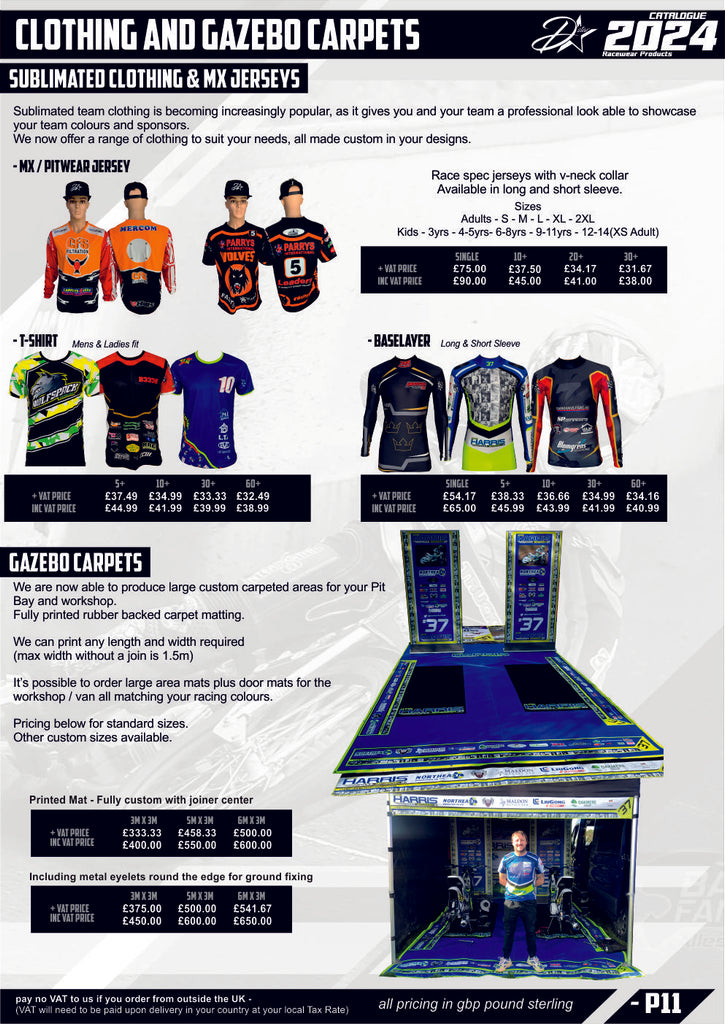 Custom Sublimated Clothing - MX Jerseys Polyester Tshirts - Base Layers - Gazebo Flooring Carpet