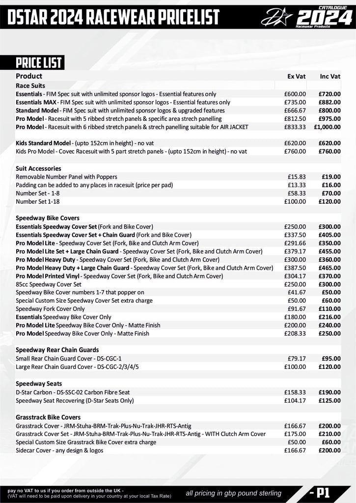 Dstar Racewear Pricelist 2024