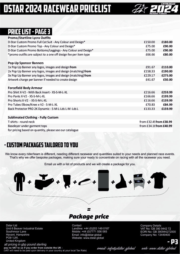 Dstar Pricelist 2024 Racewear Bike Covers and race suits