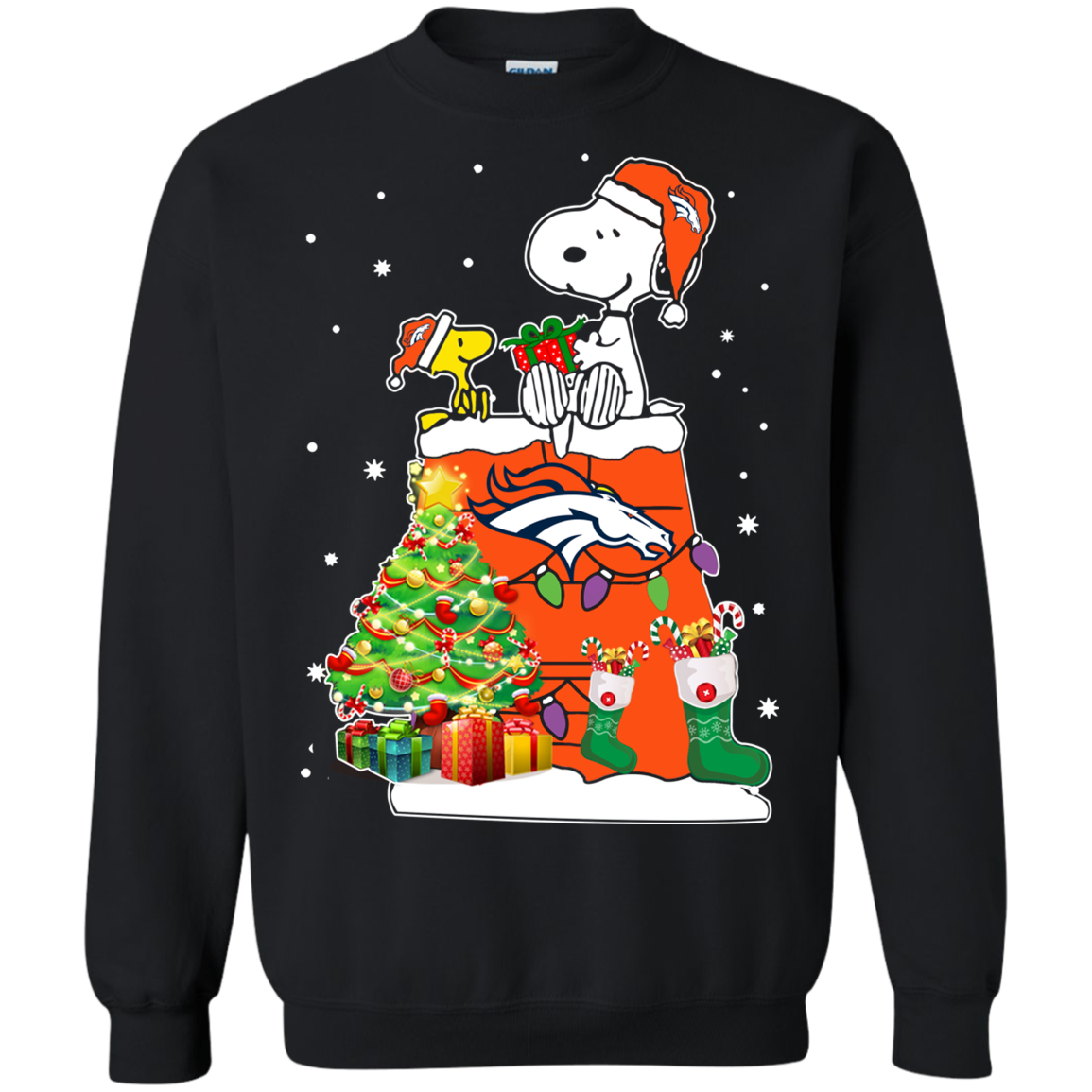 Denver Broncos Snoopy & Woodstock Christmas Shirt G180 Crewneck Pullover 8 Oz.