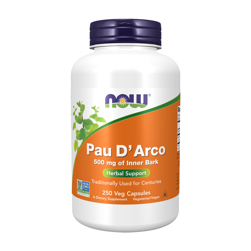 NOW Foods Pau D'Arco 500 mg (250 Kapseln) Vorderseite Etikett