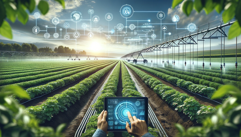 The picture shows a modern agricultural field equipped with a digital irrigation system, including Qtech FPS | Frost Protection System. We see lush green crops, irrigation pipes and sensors in a rural setting. In the foreground, a farmer uses a tablet to control an irrigation system, symbolizing the integration of technology into agriculture. The scene depicts progress, efficiency and sustainability in modern agriculture.