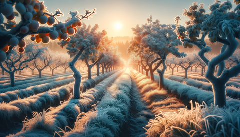 The picture shows a peaceful orchard covered in a layer of frost, with fruit trees beautifully highlighted by the early morning light. Each tree is detailed with frost, highlighting the natural beauty and challenges of farming in cold conditions. In the background, the rising sun casts a soft, golden light over the frozen trees, emphasizing the resilience of nature and the importance of frost protection in orchards. This picturesque scene captures the essence of a cold morning in an orchard, combining the beauty of nature with the realities of agriculture.