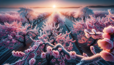 A beautiful image of a frozen cherry orchard in full bloom, with pink blossoms covered in frost and the early morning sun shining on the frozen landscape, highlighting the unique beauty of a springtime orchard in cold weather.