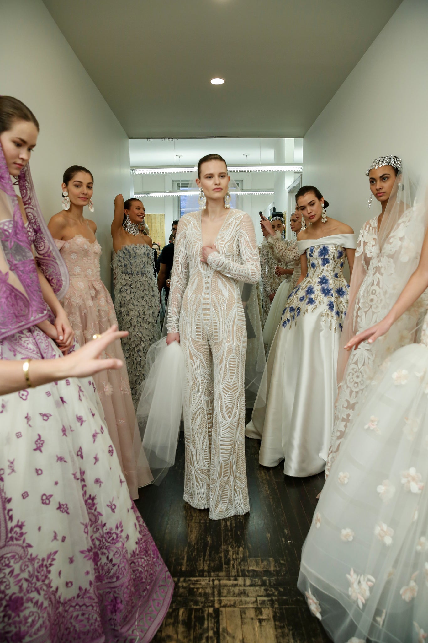 Models backstage at Naeem Khan catwalk show.