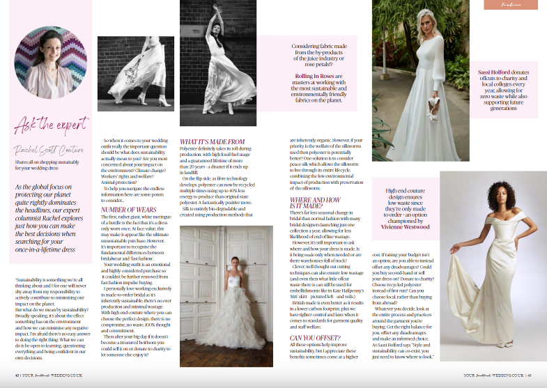 Your Scottish Wedding bridal magazine column by Rachel Snedden of Rachel Scott Couture about Sustainability and wedding dresses