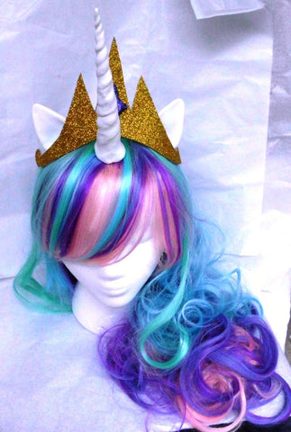 Peluca de Unicornio de colores con cuernos y orejas para niña
