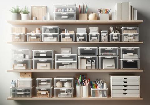 Office with labeled storage units on shelves