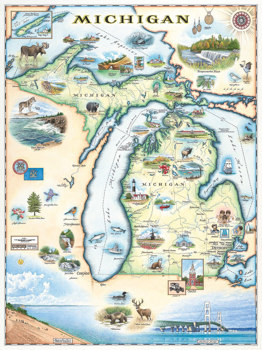 Xplorer Maps Releases Hand Drawn Michigan State Map Featuring Lakes L 5315