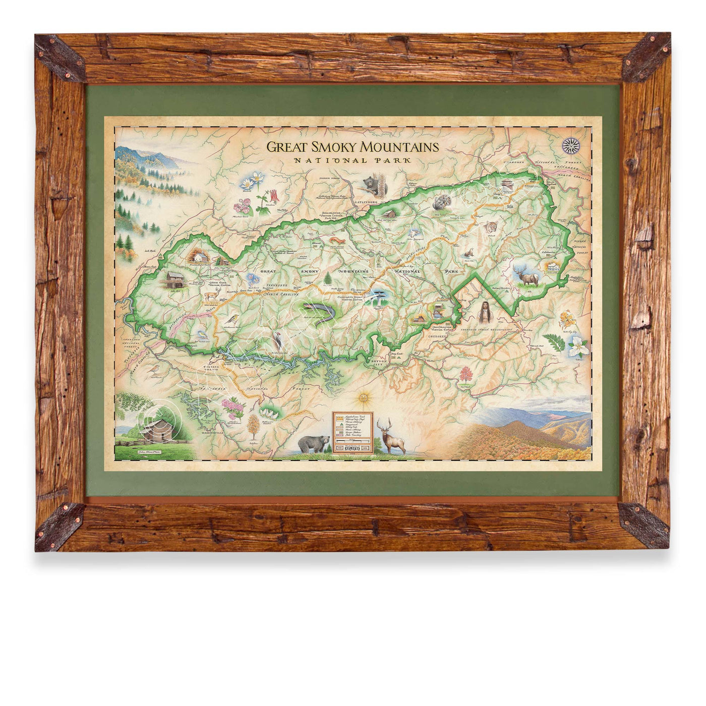 Great Smoky Mountains National Park Map Xplorer Maps 24x18 Print   Great Smoky Map Framed   Pine Green Mat Web 2000x 0323 1400x 