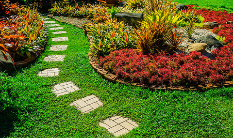 Beautiful garden with green grass and stepping stone paths