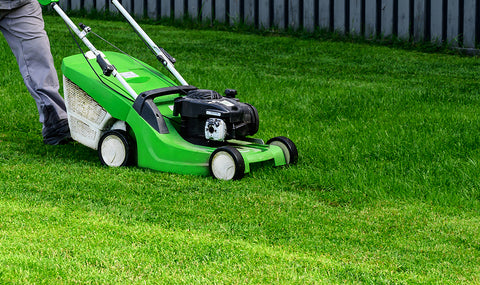 Person mowing a manicured lawn with a neon green lawn mower