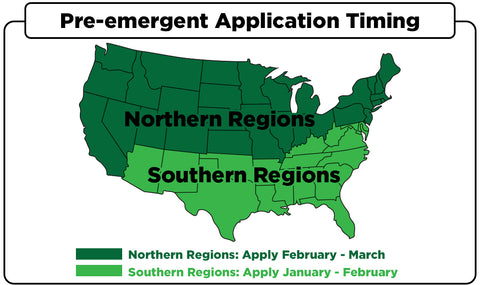 Map of the United States divided in Northern and Southern regions for pre-emergent application timing