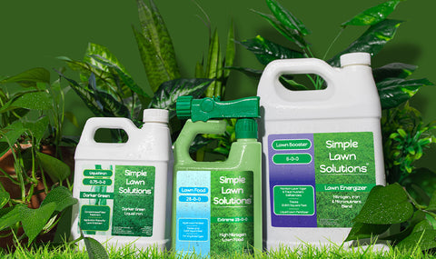 3 Simple Lawn Solutions liquid lawn fertilizers with nitrogen and iron with houseplants and a green backdrop