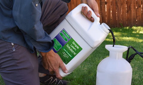 Man pouring a gallon of Simple Lawn Solutions Lawn Energizer fertilizer into a pump sprayer in his backyard