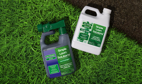 Simple Lawn Solutions Lawn Energizer and Darker Green Liquid Iron Lawn Fertilizer on a graphic green lawn