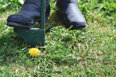 black rain boots being used to help dip up parts of lawn using green tool